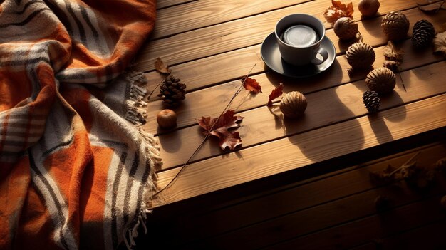 Un foulard sur une table avec une tasse de café