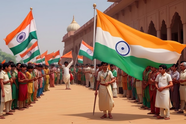 La foule agite le drapeau de Bharat.