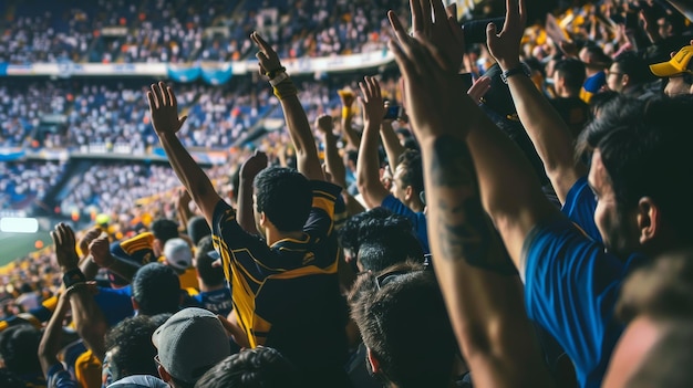 Une foule animée éclate en acclamations et en chants lors d'un match de football animé.