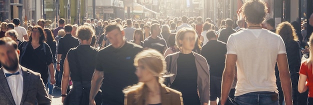 foule anonyme de personnes dans une rue commerçante