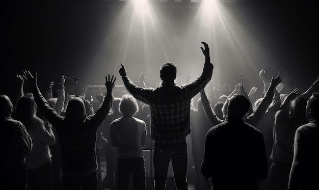 Une foule applaudissant lors d'un concert de musique en noir et blanc