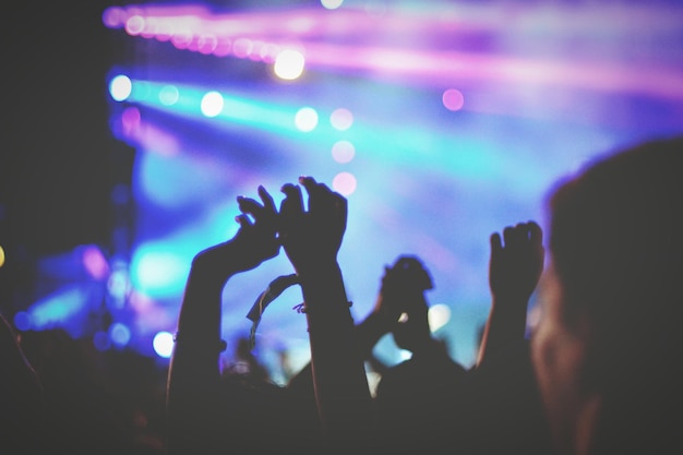 Une foule avec les bras levés lors d'un concert de musique