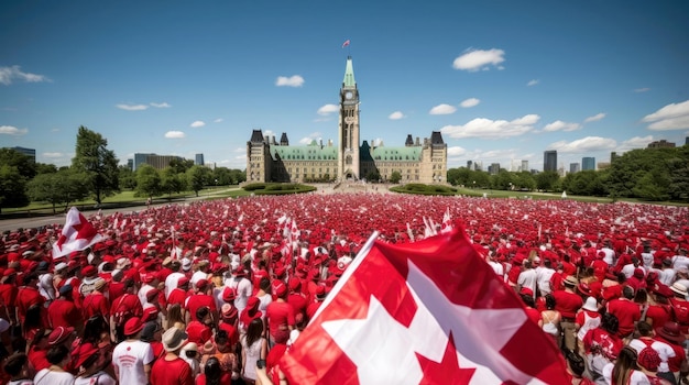 Foule de Canadiens sur la place célébrant la fête du Canada