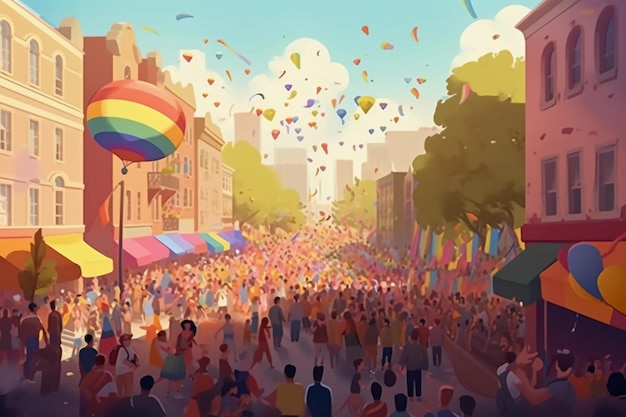 Une foule colorée de personnes dans un défilé avec des drapeaux arc-en-ciel volant au-dessus d'eux.