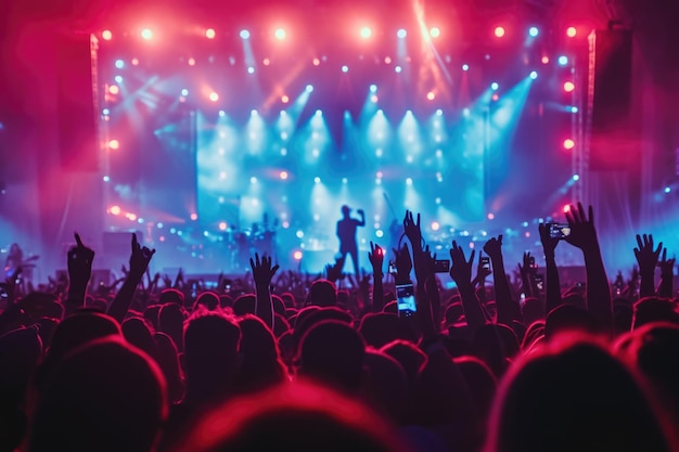 Foule de concert immergée dans un spectacle de lumière vibrant et l'énergie de la musique live