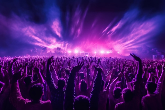 Une foule à un concert avec des lumières violettes et roses