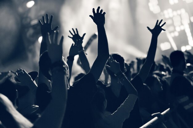 Une foule à un concert de musique avec des mains levées pour tonifier l'image