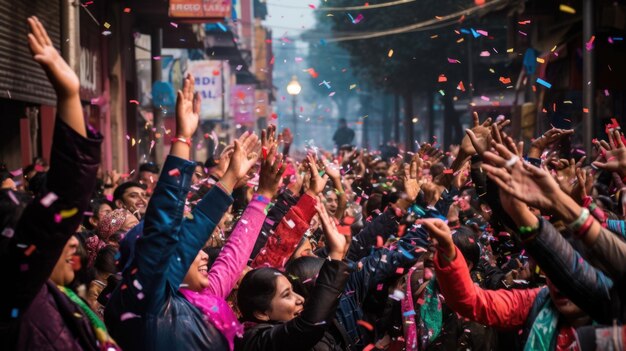 Une foule dans la rue de Delhi agite les mains pour célébrer la bonne année.