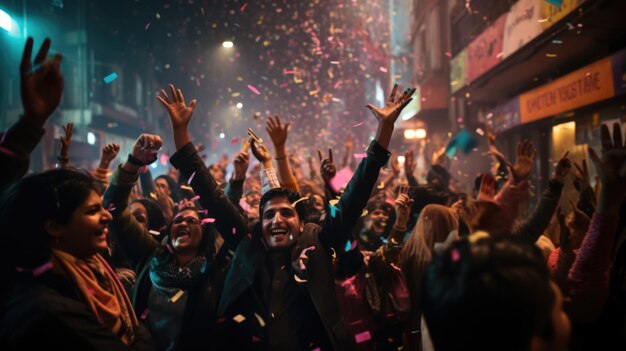 Une foule dans la rue de Delhi agite les mains pour célébrer la bonne année.