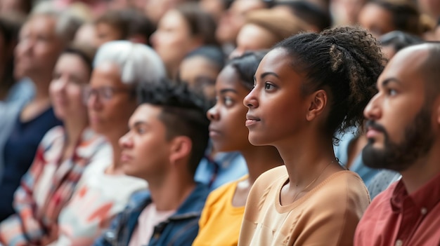 Photo foule diversifiée de personnes audience assise lors d'un rassemblement d'événements