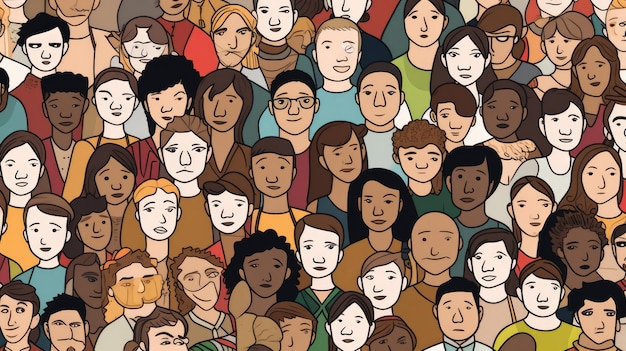 Foule diversifiée de personnes bannière transparente de 100 visages différents dessinés à la main de diverses ethnies