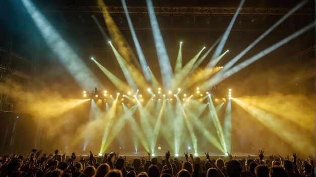 La foule du concert avec les mains en l'air et les lumières de la scène