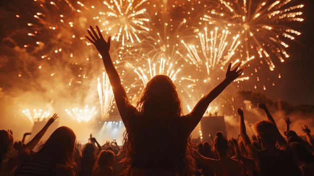 Une foule exaltée la nuit célèbre le 4 juillet avec une toile de fond de feux d'artifice éblouissants.