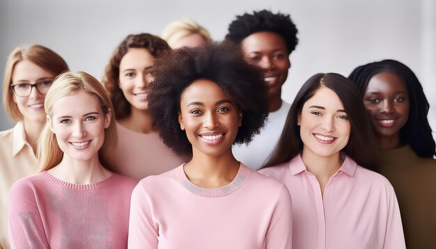 Une foule de femmes de différentes races dans un pull rose souriante concept de la journée mondiale du cancer