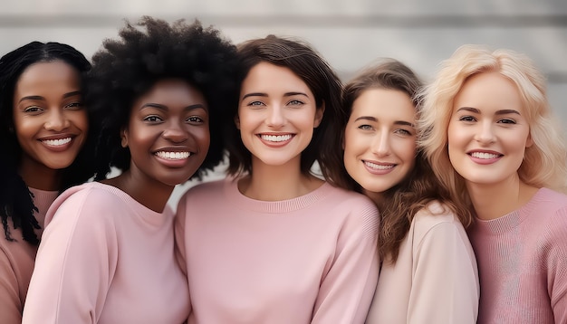 Une foule de femmes de différentes races dans un pull rose souriante concept de la journée mondiale du cancer