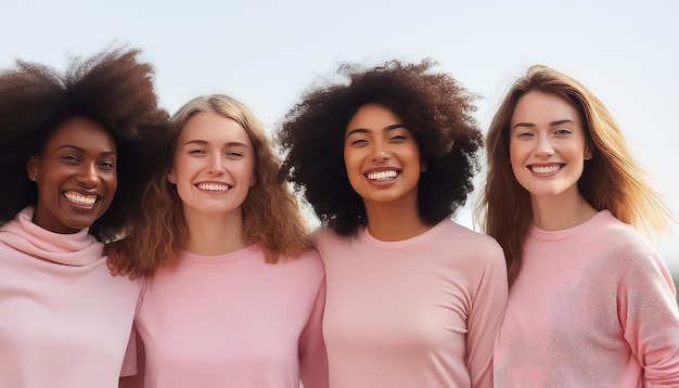 Une foule de femmes de différentes races en pull rose souriantes concept de la journée mondiale du cancer