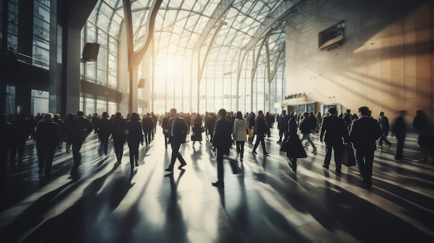 Une foule floue de gens d'affaires marchant dans l'entrée moderne et spacieuse d'un immeuble d'entreprise