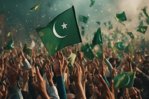 Foule générique méconnaissable acclamant avec l'IA générative du drapeau pakistanais