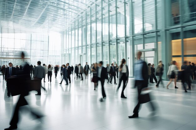 Une foule de gens d'affaires marchant dans un bureau moderne en mode rapide