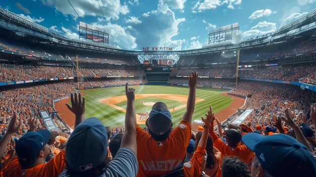 Une foule de gens applaudissent dans un stade de baseball.