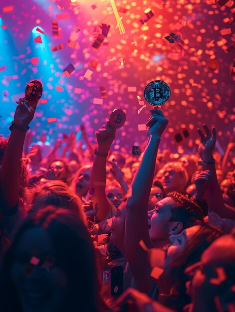 Une foule de gens applaudissent avec les mains en l'air avec des confettis en l' air