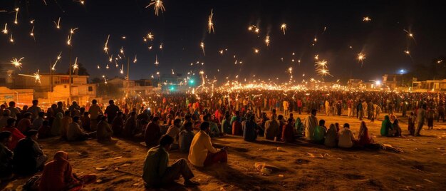 Photo une foule de gens assis devant un feu d'artifice éclairé