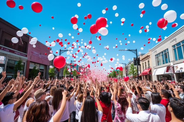 Une foule de gens avec des ballons rouges et blancs dans les airs pour la fête du canada