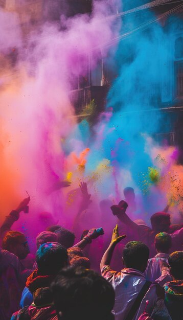 Une foule de gens célèbrent avec des teintures colorées.