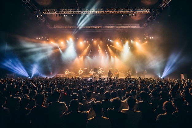 Une foule de gens à un concert avec un groupe jouant sur scène