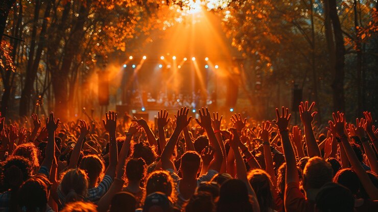 Photo une foule de gens à un concert avec le soleil brillant à travers les arbres