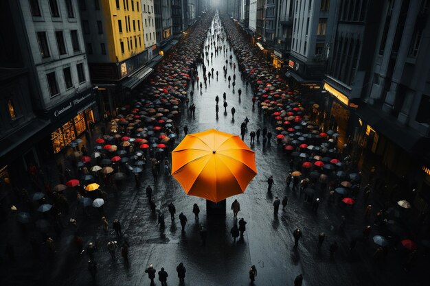 Une foule de gens dans la rue un jour de pluie.