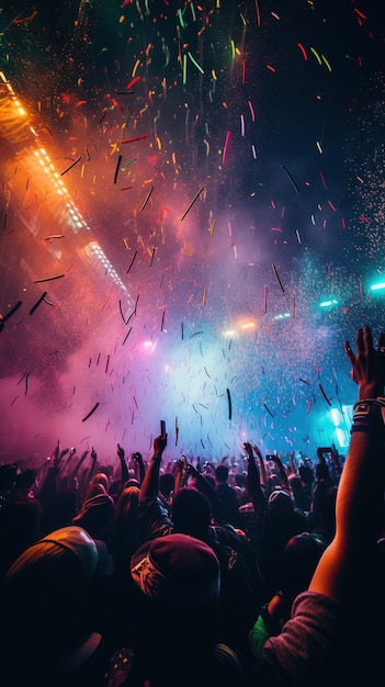 Une foule de gens dansant au concert et des feux d'artifice dans le ciel.