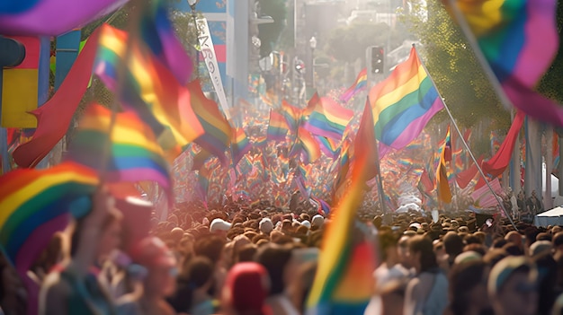 Une foule de gens avec des drapeaux arc-en-ciel en arrière-plan