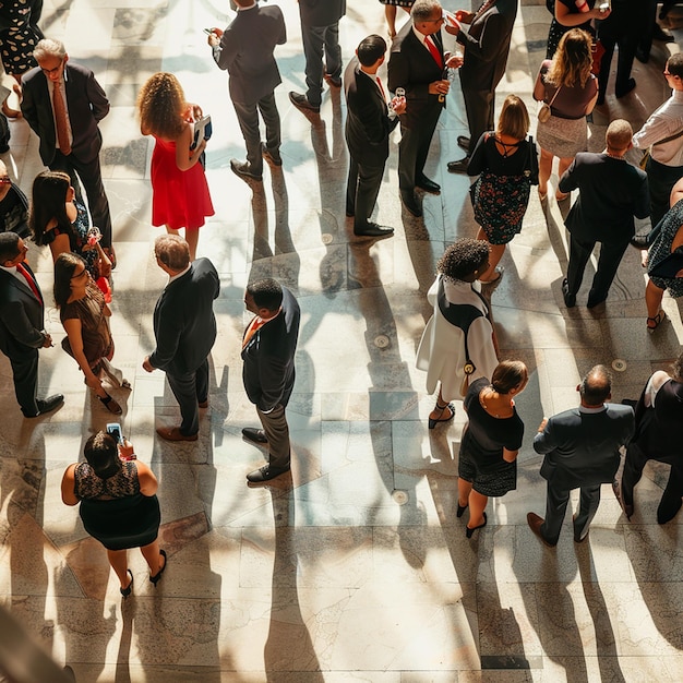 Une foule de gens est rassemblée dans une grande pièce.