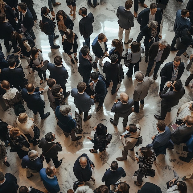 Une foule de gens est rassemblée dans une grande pièce.