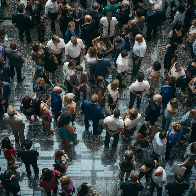 Une foule de gens est rassemblée dans une grande pièce.