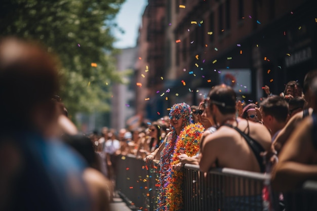 Une foule de gens est rassemblée dans la rue avec des confettis dessus.