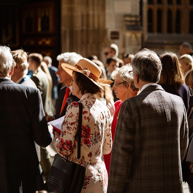 Une foule de gens est rassemblée devant une cathédrale.