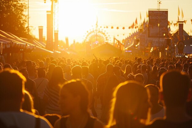 une foule de gens marchant dans une rue au coucher du soleil