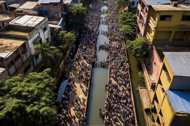 Photo une foule de gens marchant dans une rue à côté d'une rivière