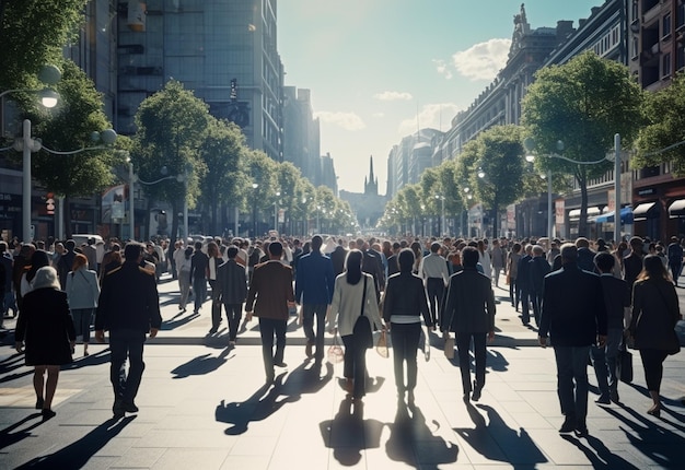 une foule de gens marchant dans une rue avec un fond de ciel