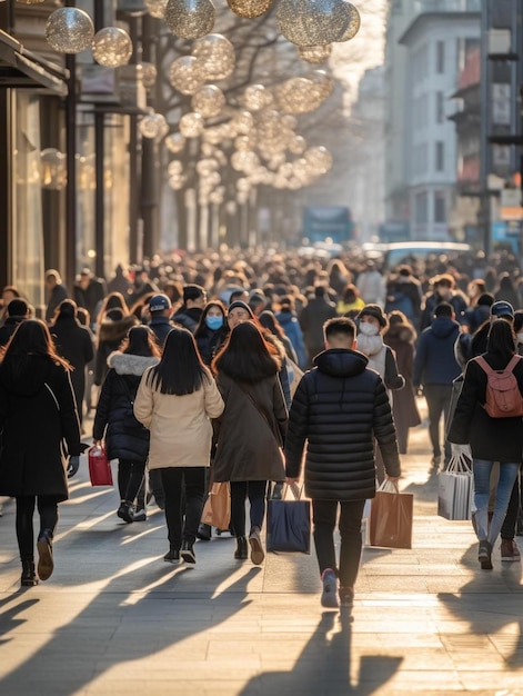 une foule de gens marchant dans une rue avec des sacs et l'un d'eux a un panneau disant le mot dessus