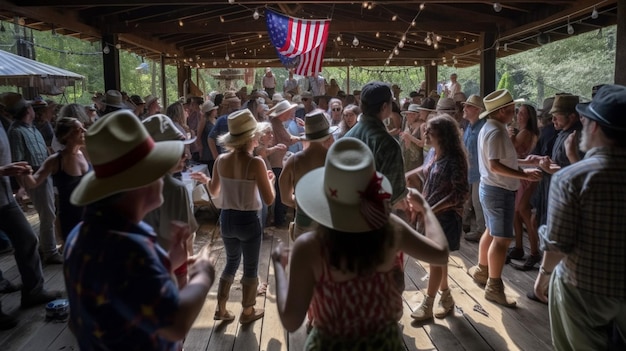 Une foule de gens portant des chapeaux danse dans un pavillon