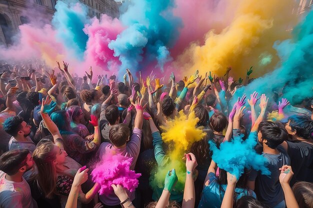 Une foule de gens avec de la poudre colorée dans les mains.