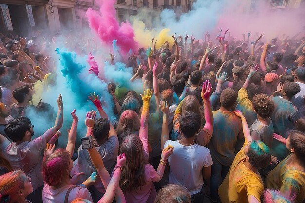 Une foule de gens avec de la poudre colorée dans les mains.