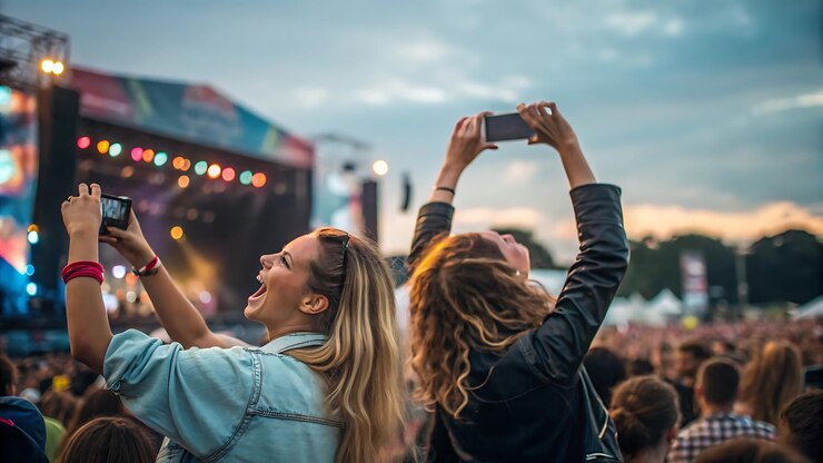 Photo une foule de gens prend des photos d'un groupe avec leurs téléphones.