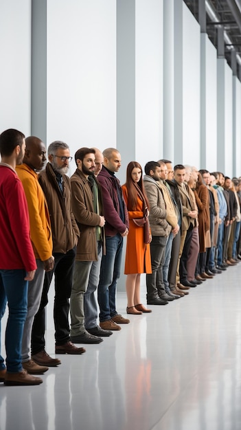 une foule de gens qui attendent en file d'attente contre un fond blanc