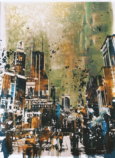 foule de gens qui marchent dans la ville avec des bâtiments, peinture avec texture grunge