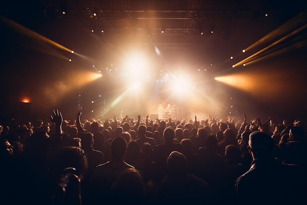 foule de gens regardant un concert le soir avec des lumières