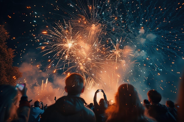 Une foule de gens regardant un feu d'artifice.